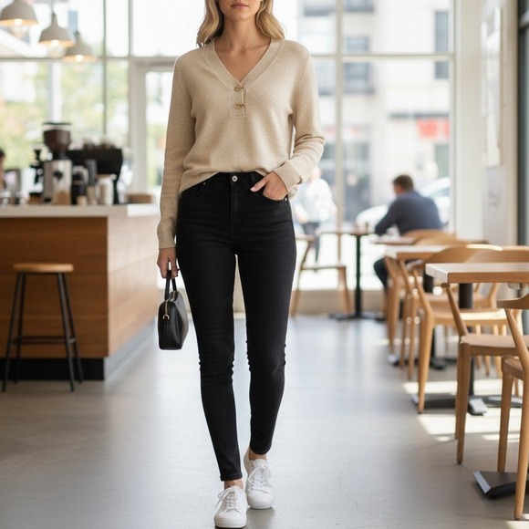 Sweaters - Charter Club Womens M Beige Metalic‎ Thread Sparkle Cotton Henley Sweater Buckle